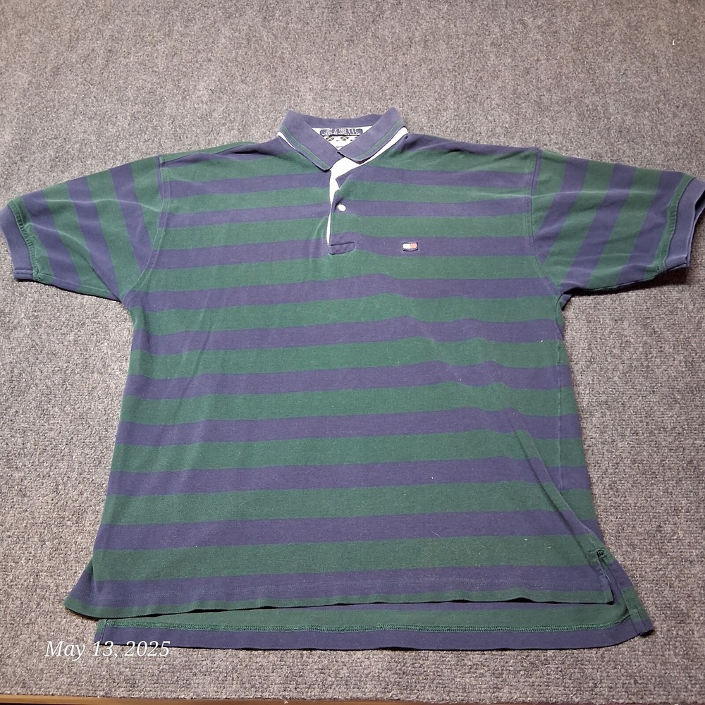 Tommy Hilfiger Polo Shirt Men Size XL Green and Blue Striped‎ Cuffed Sleeve